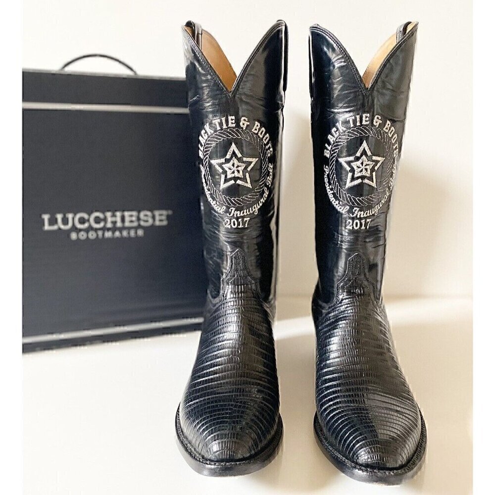 Lucchese Embroidered Texas‎ Star Exotic Lizard Boots Mens 9.5B Black USA